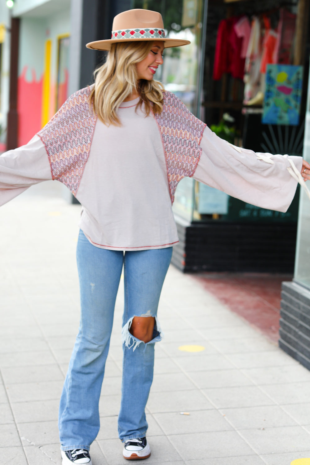 Taupe & Burgundy Chevron Raglan Lace-Up Bell Sleeve Top