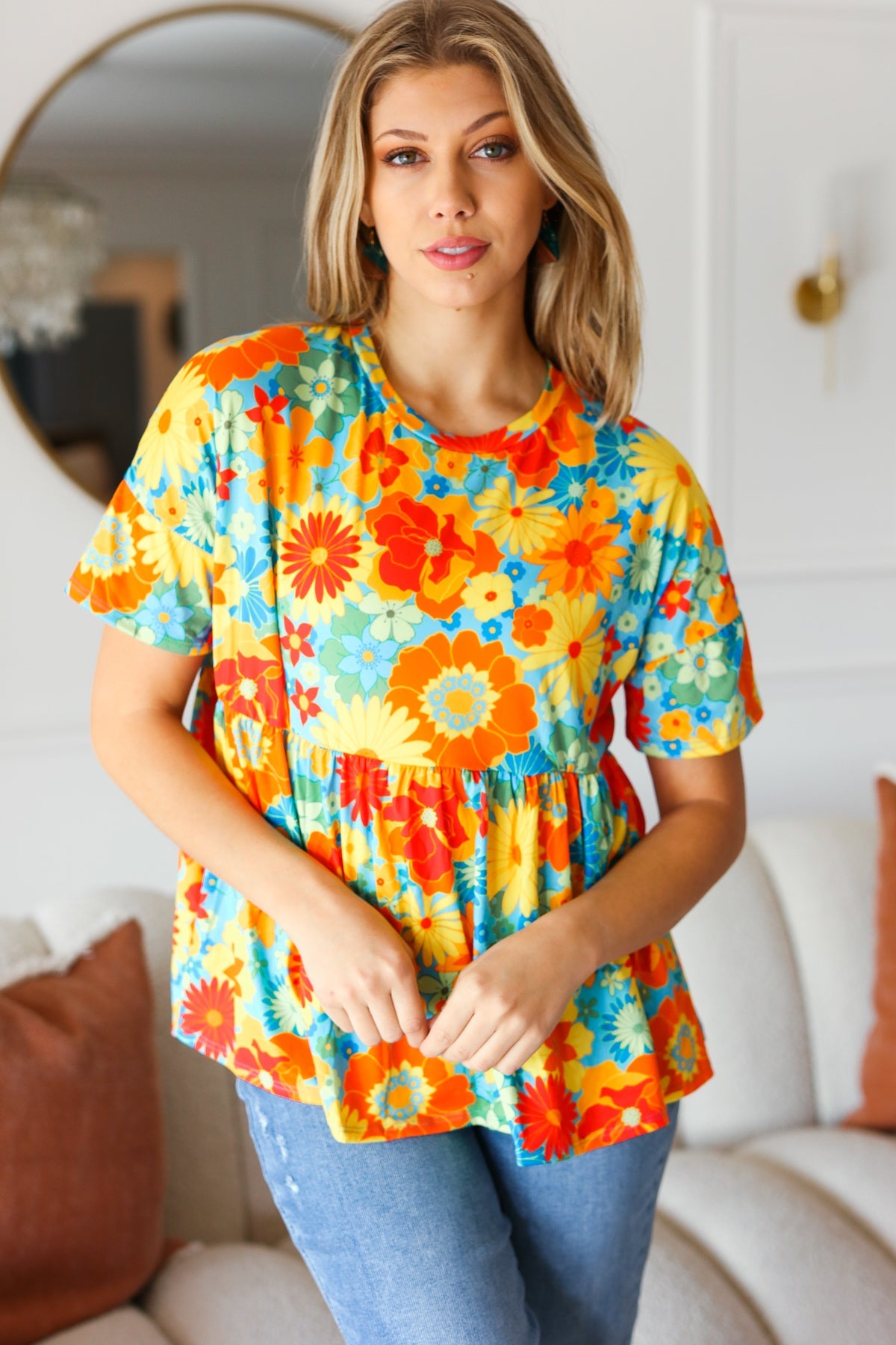 Sunflower& Red Retro Floral Swing Babydoll Top