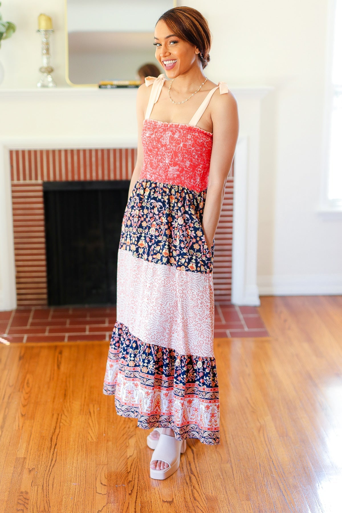 Vacay Vibes Orange Floral Smocked Tube Top Tiered Maxi Dress